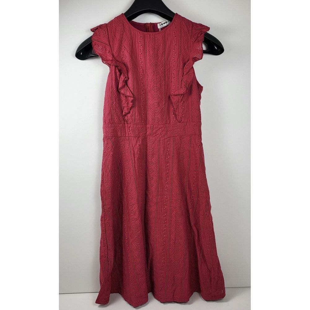 Ecowish Midi Fit & Flare Dress Women Small Eyelet Flutter Sleeve‎ Red Lined New